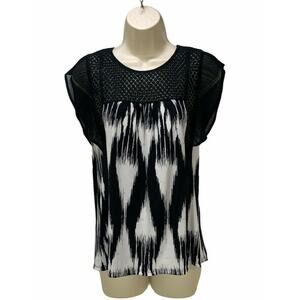 Worthington Womens Top Size Small Lace Blouse Black and White Pleated Sleeve